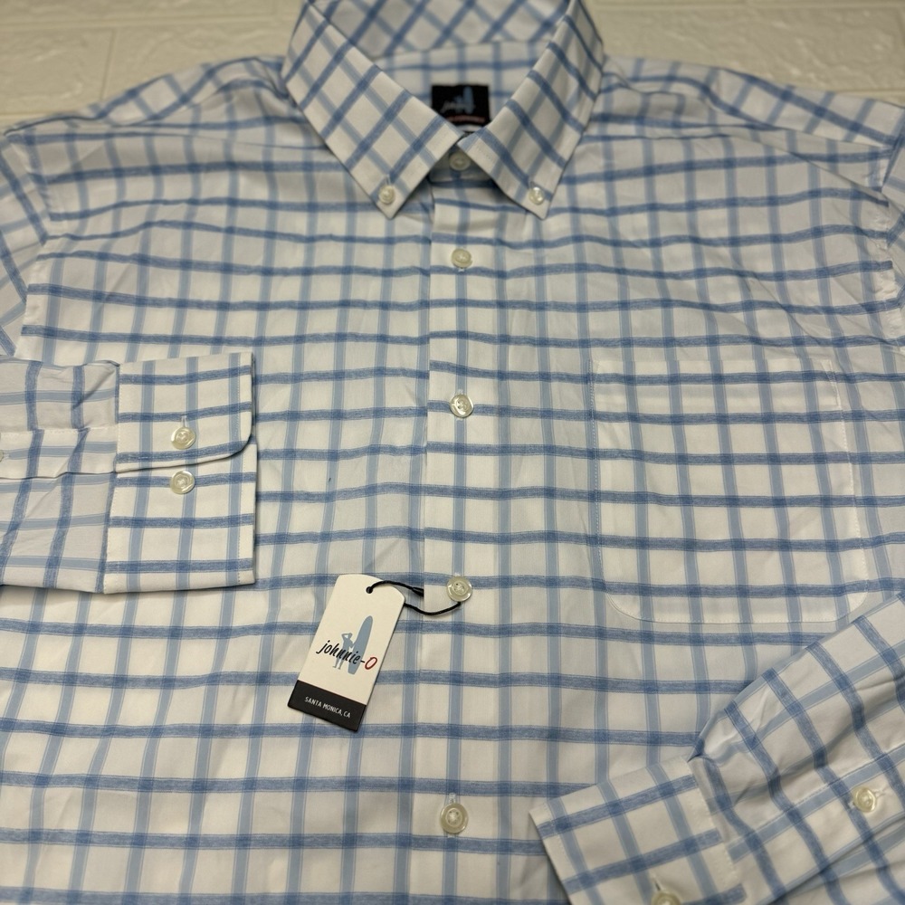 Johnnie-O Men XL Blue Plaid Button Down Shirt Long Sleeve Gulf Blue JMWL6580 NEW